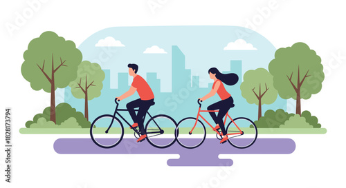 Young man and woman riding their bicycles on a path in a city park with a modern urban skyline visible in the far background.