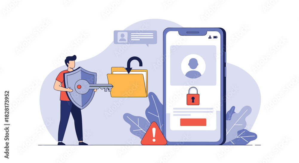 Obraz premium Man holds a shield and a key to unlock a folder representing data security and access control for a mobile phone application.