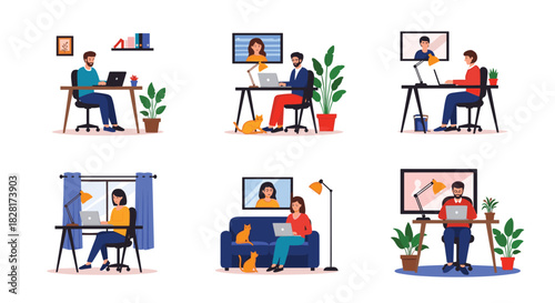 Set of six diverse people working or studying from home in comfortable environments using laptops for remote jobs and video calls.