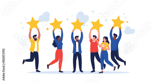 Diverse group of happy and successful people celebrating by holding up large golden stars to represent high ratings and achievement.