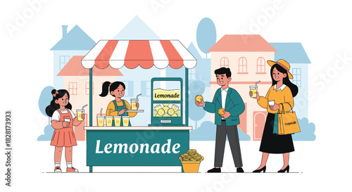 Two young girls run a lemonade stand in their neighborhood selling fresh drinks to a man and woman on a sunny summer day.