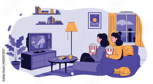 Two female friends are sitting on a couch eating popcorn and watching a movie on television in a cozy living room at night.
