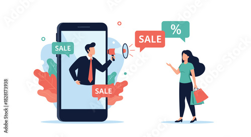 Marketing concept with a businessman emerging from a smartphone with a megaphone to announce a sale to a female shopper.
