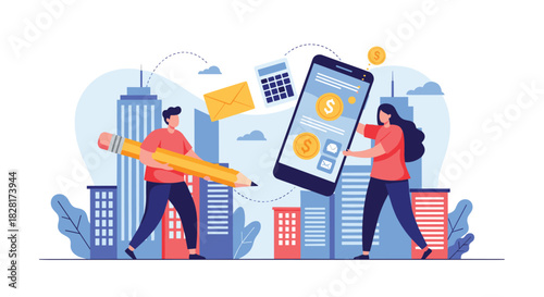 Man with a giant pencil and woman with a smartphone collaborate on a financial project against a city skyline background.