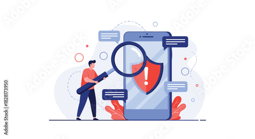 Man with a magnifying glass inspects a smartphone for security threats finding a red shield with an exclamation mark on the screen.