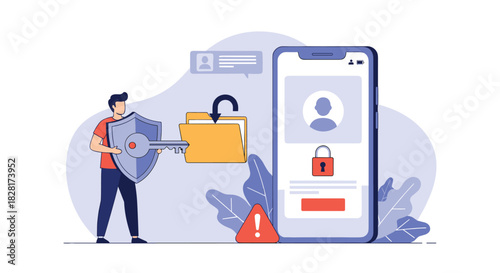 Man holds a shield and a key to unlock a folder representing data security and access control for a mobile phone application.