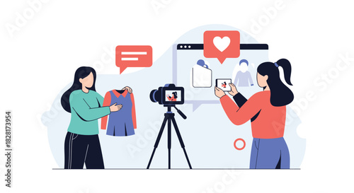 Two female fashion vloggers collaborate to create video content with one presenting clothes and the other filming with a smartphone.