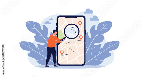 Man uses a large magnifying glass to examine a route with location pins on a city map displayed on a giant smartphone screen.