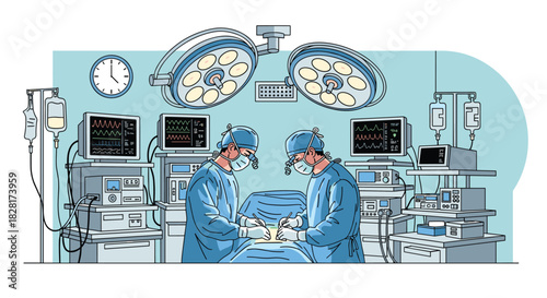 Two surgeons in full surgical gear perform a complex operation on a patient in a modern hospital operating room with equipment.