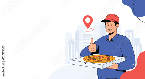 Friendly delivery man in a cap and uniform holds a pizza box and gives a thumbs up with a city skyline in the background.