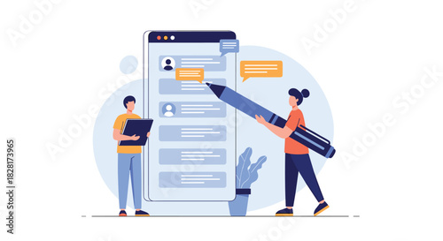 Man and woman collaborate on content for a mobile chat application with the woman using a giant pencil to write messages on screen.