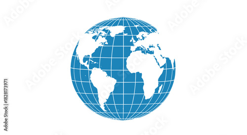 Simple blue and white wireframe globe icon showing the continents of Earth representing global business travel and communication.
