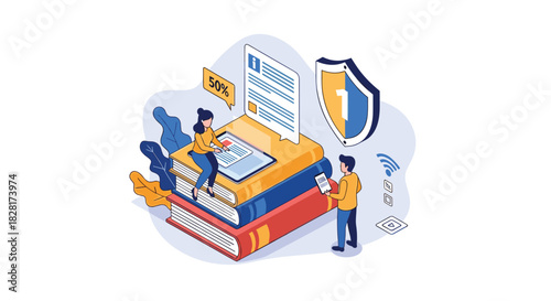 Isometric scene of online education and data security with people on a stack of books using digital devices with a shield icon.