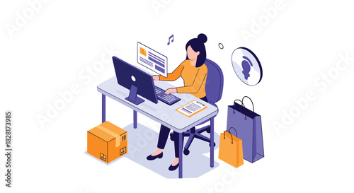 Isometric illustration of a woman working at her desk doing online shopping with shopping bags and a delivery box next to her.