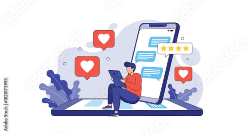 Young man sits on a giant smartphone using a tablet to interact with social media getting likes and positive star-rated feedback.