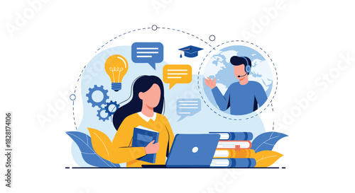 Female student uses a laptop for an online tutoring session with a male tutor from across the globe representing e-learning success.