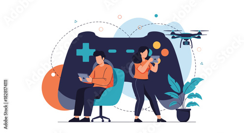 Man and woman engaged in modern digital entertainment playing video games on tablets and flying a camera drone illustration.