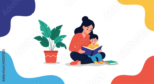 Loving mother sits on the floor with her young son on her lap reading a storybook together creating a tender family moment.