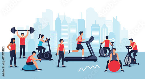 Diverse group of active men and women exercising in a modern gym with a city skyline view using various fitness equipment.