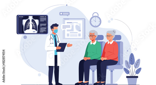 Male doctor in a medical mask discusses lung x-ray results and treatment options with a senior couple in a clinic setting.