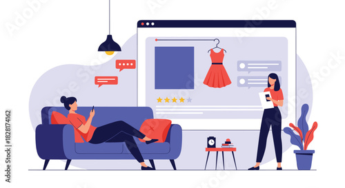 Two women engage in online shopping for clothes using a smartphone and a large web interface from the comfort of their home.