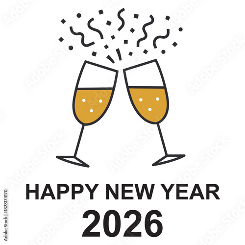 Flat Champagne Toast Vector with Confetti for New Year 2026