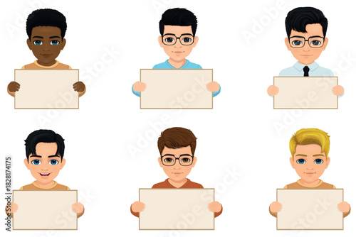 Set of boys holding blank signboards