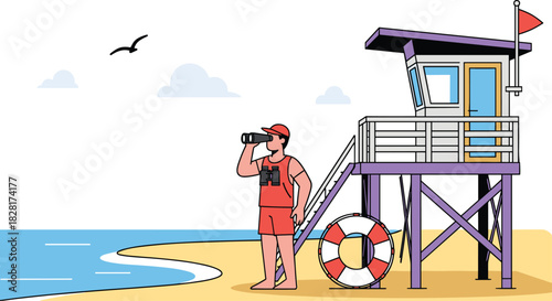 Male lifeguard on duty at the beach stands by his tower watching over the ocean with binoculars to ensure swimmer safety.