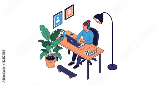 Isometric illustration of a young woman with headphones working or studying from home at her desk with a laptop and coffee.