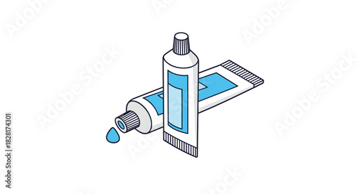 Two isometric vector tubes of medical cream or cosmetic ointment with one open and dispensing a single drop of product.