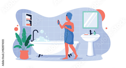 Woman wrapped in a towel enjoys her self-care routine in a modern bathroom after a relaxing bath applying body spray.