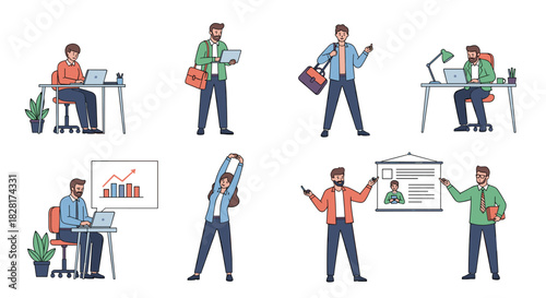 Collection of diverse office worker characters in various business situations including working presenting and exercising at work.