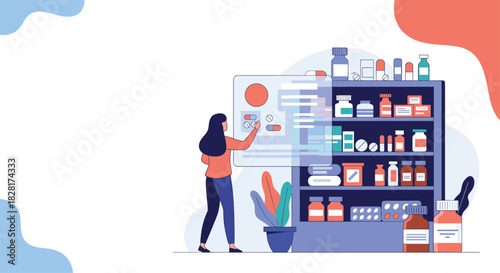 Woman uses a futuristic transparent touchscreen interface to browse and select medications in a modern high-tech online pharmacy.