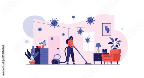 Woman diligently cleans and disinfects her home by vacuuming the living room to protect against floating virus particles.