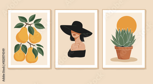Triptych of modern minimalist wall art prints featuring botanical fruit a stylish woman and a potted succulent for home decor.