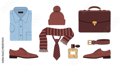 Stylish collection of classic men's fashion clothing and accessories for a complete and elegant business or casual outfit.