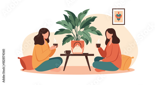 Two young women enjoy a peaceful tea ceremony sitting on floor cushions and having a friendly conversation in a cozy room.