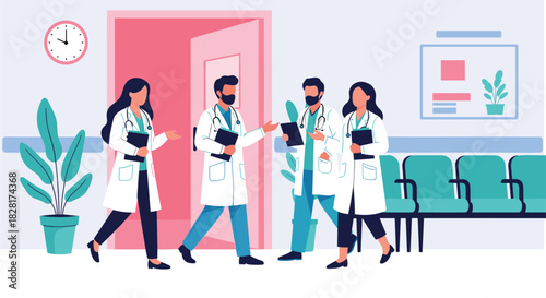 Team of diverse male and female doctors in white coats discussing patient cases while walking through a busy hospital corridor.