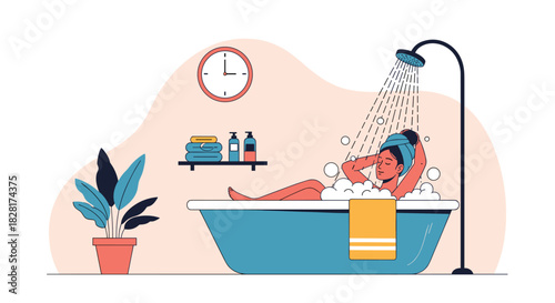 Woman with a towel on her head enjoys a relaxing and luxurious bubble bath to unwind and practice self-care at home.