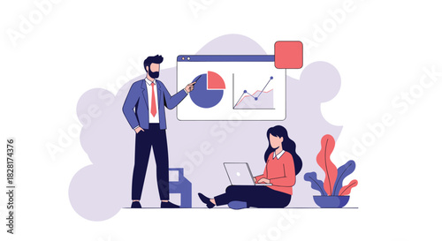 Businessman presents a business strategy using data charts and graphs to a female colleague working on her laptop computer.