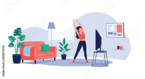 Young woman follows an online fitness tutorial on television to do stretching exercises at home for a healthy active lifestyle.