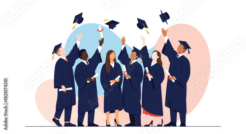 Diverse group of happy graduate students in gowns celebrating their graduation by throwing their caps joyfully in the air.