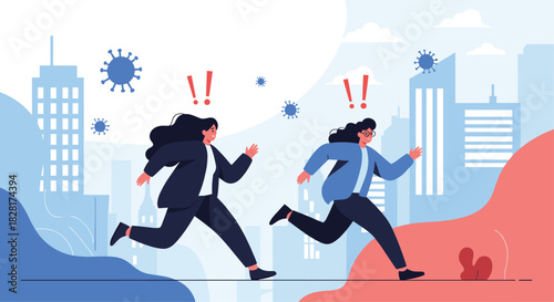 Two panicked women run through a city in fear trying to escape the spread of a dangerous virus during a pandemic outbreak.