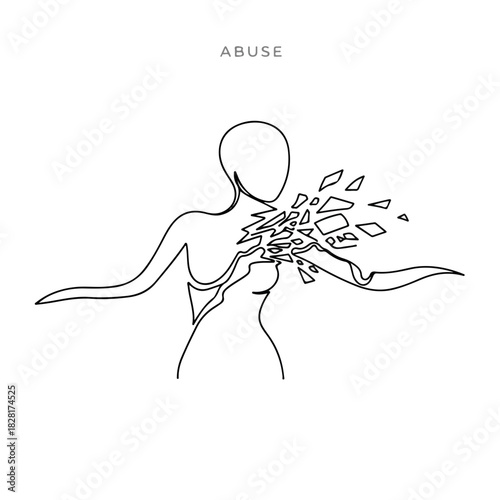 Abstract depiction of abuse with a woman figure shattered into pieces, symbolising inner turmoil and pain. Abuse representation with a female form breaking apart,