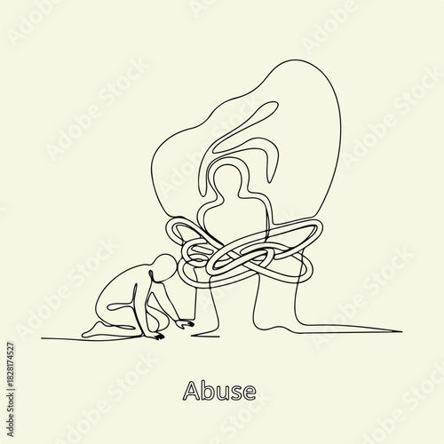 Depicting emotional abuse with continuous line drawing of victim tied and another figure on knees. Concept emotional abuse highlighted with linear art showing helplessness and constraint.