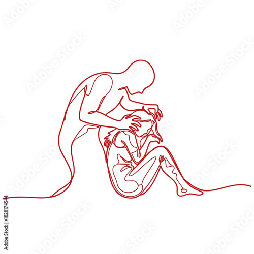 Rendered in red on white is a depiction of abuse, with one figure consoling another. Showing abuse and comfort in simple line art, conveying empathy and support.