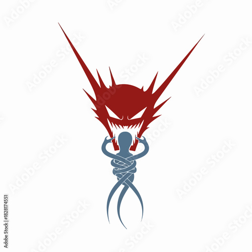 Symbolic representation of abuse depicting monstrous figure looming over helpless individual. Abuse concept illustrates emotional distress and power dynamics.