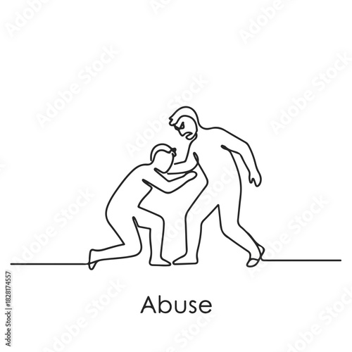 Conceptual drawing of abuse shown with a continuous line. Abuse is a depiction of interpersonal violence. Conceptual abuse drawing illustrates social issues of violence.