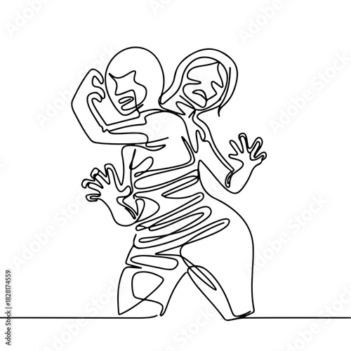 One line drawing of domestic abuse victim and abuser. One line drawing represents family violence with aggressive man and scared woman. Symbol one line drawing represents social issues in single,