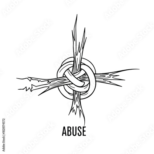 Conceptual symbol of abuse shows tightly bound sticks in a knot, a visual metaphor for deep pain. Abuse is a complex issue with many facets; this symbol represents difficulty and emotional distress.